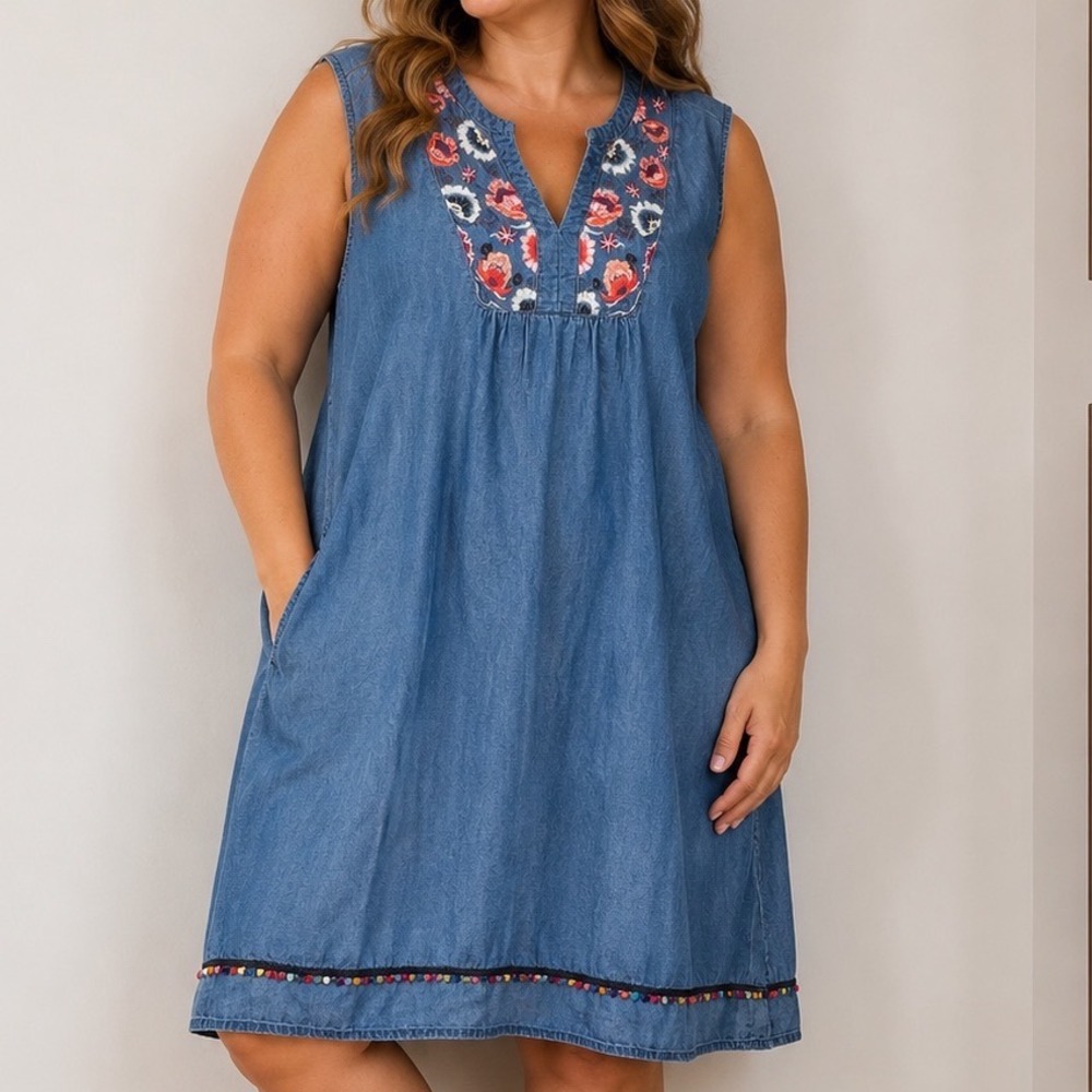 Vintage America Blues L Chambray Dress Embroidered Boho Pom Pom Cotton Lyocell